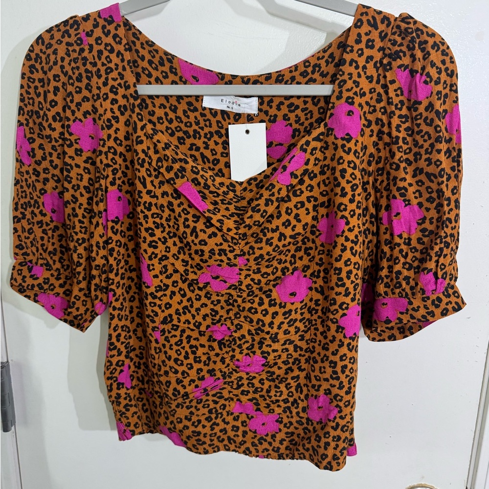 NWT Elodie Leopard Print Blouse with Pink Floral Accentsr